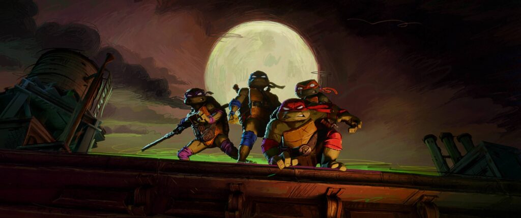 Teenage Mutant Ninja Turtles with white eyes on a building rooftop, with the moon in the background.